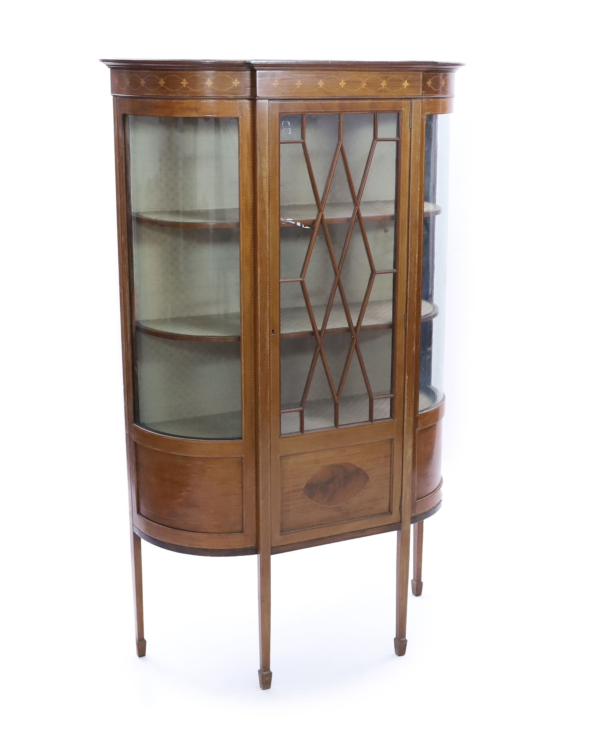 An early 20th century inlaid mahogany display cabinet, 190cm wide 178cm high